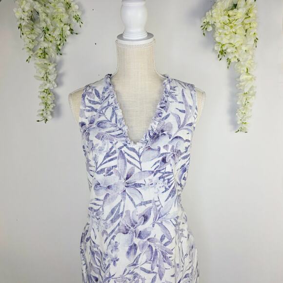 Tommy Bahama Two Palms Linen Dress Large Purple Floral V-Neck Ruffle Tropical - Picture 4 of 13